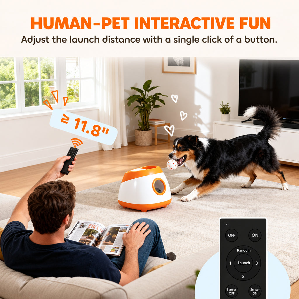 Man on the sofa using the remote while his dog plays with the ball launcher in the living room