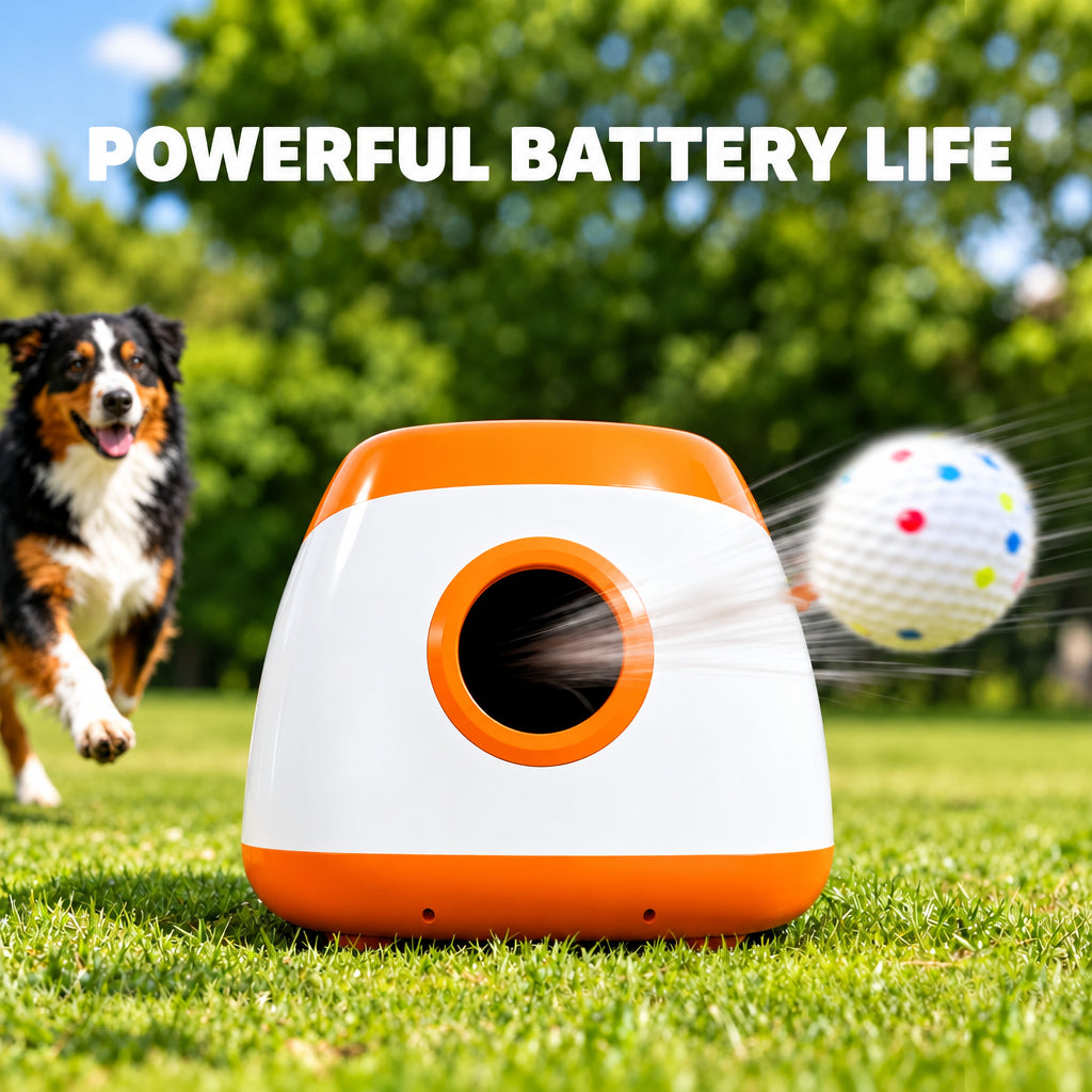 Automatic dog ball launcher shooting a ball across the grass toward a running dog