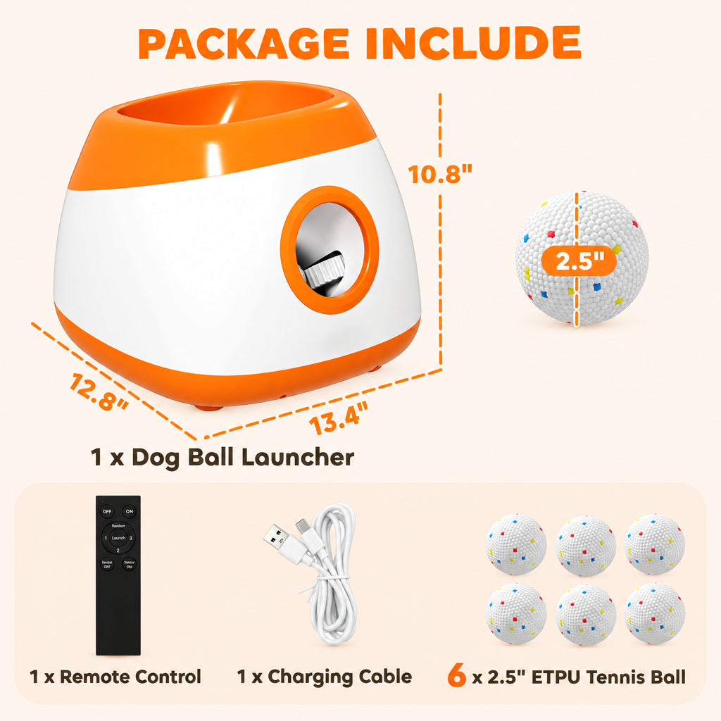 Package contents: dog ball launcher measuring 13.4 x 12.8 x 10.8 inches, remote control, charging cable and six 2.5-inch balls