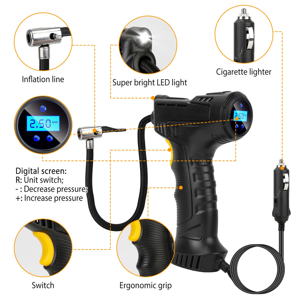 Black tire inflator with digital display and various features highlighted