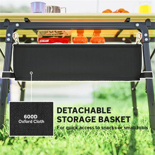 Removable fabric storage basket hanging under the camping table with snacks and drinks