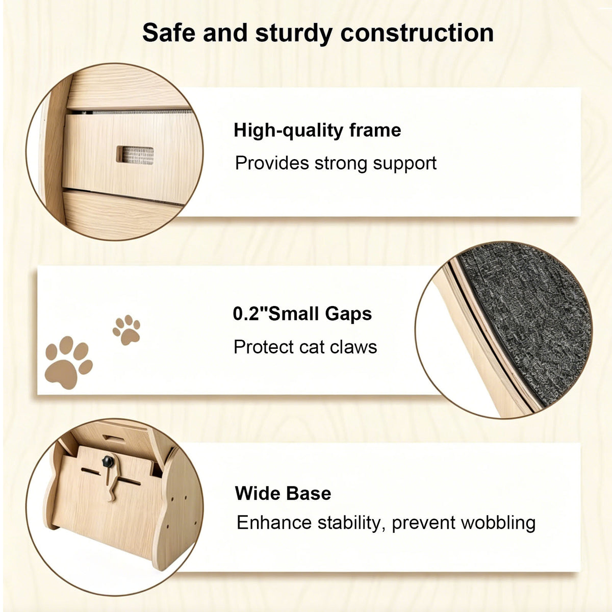 Cat wheel construction details: sturdy frame, small paw-safe gaps and wide stable base