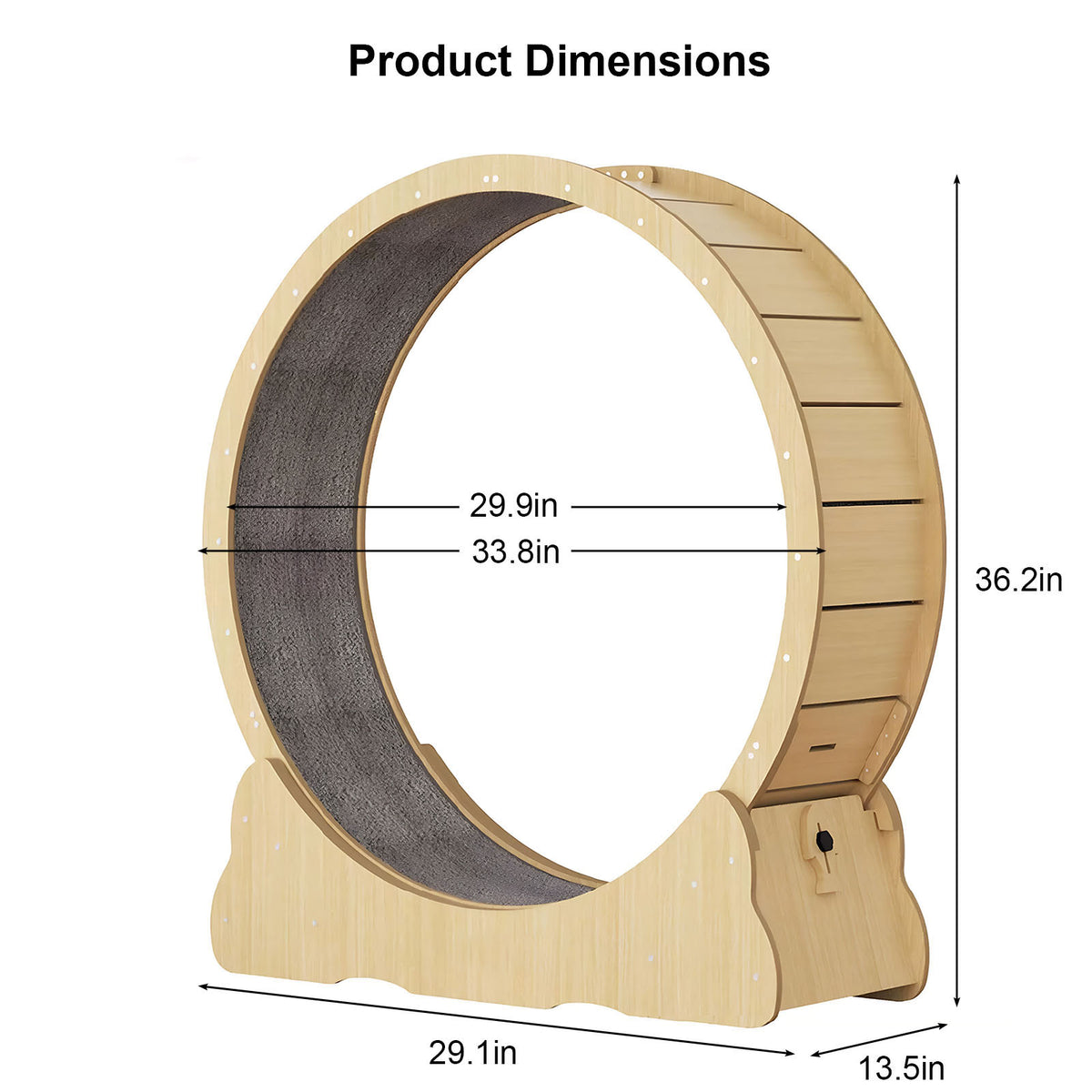 Cat exercise wheel dimensions: 29.1 by 13.5 inches, 36.2 inches tall, 33.8 inch wheel