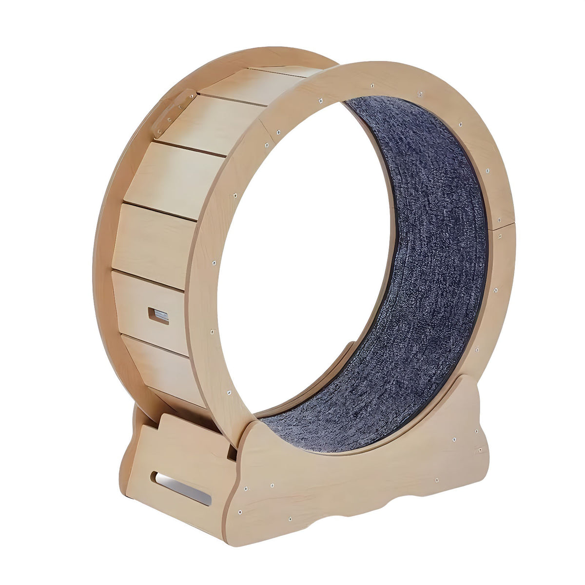 Natural wood cat exercise wheel with gray carpet track on a white background