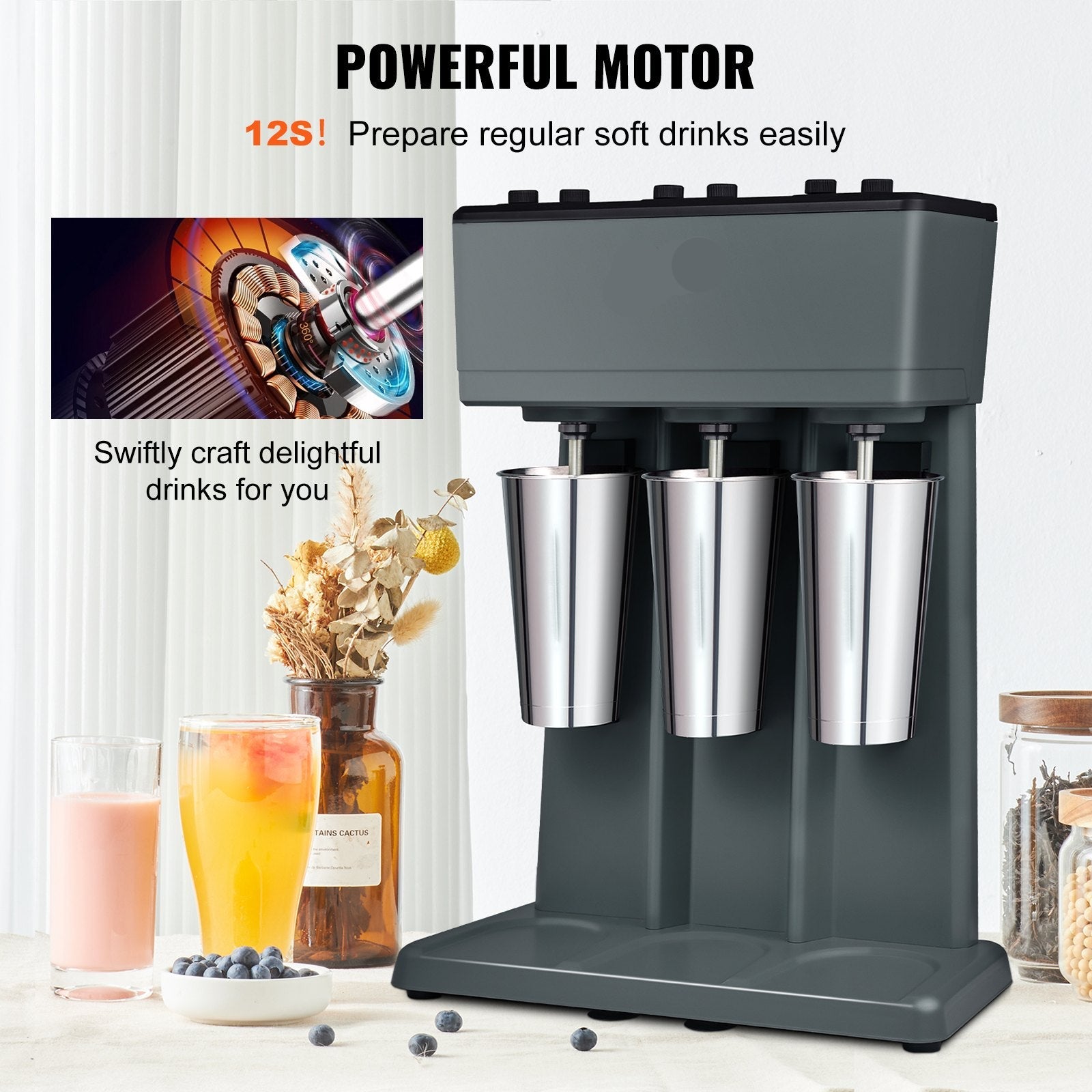 Electric Milkshake Maker, 375W, With 3 Stainless Steel Cups