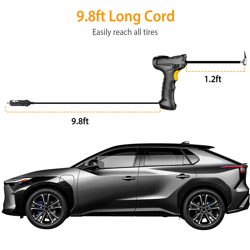 Car with a tire pressure gauge and hose, showing the length of the hose.