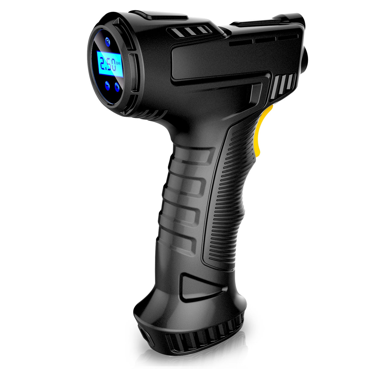 Black tire pressure gun with digital display on a white background