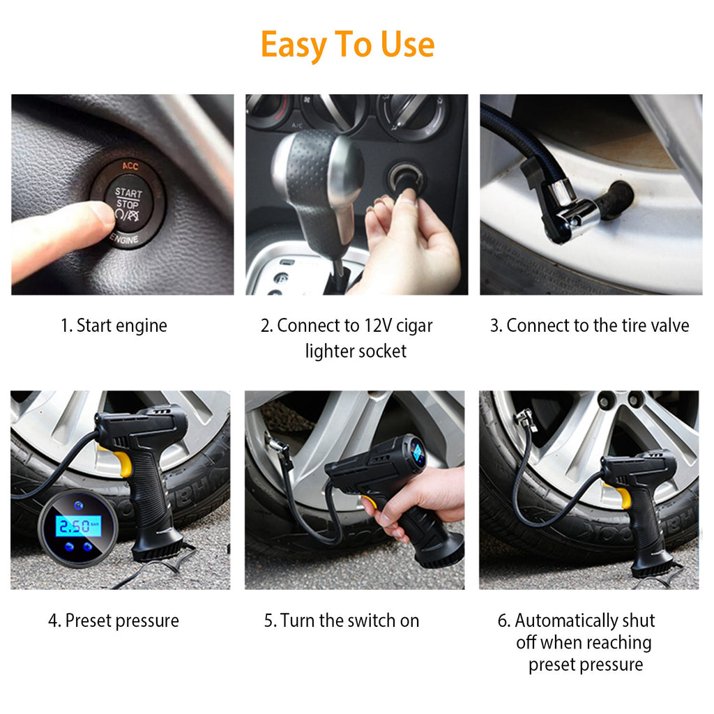Step-by-step guide on how to use a car tire inflator with images and text.
