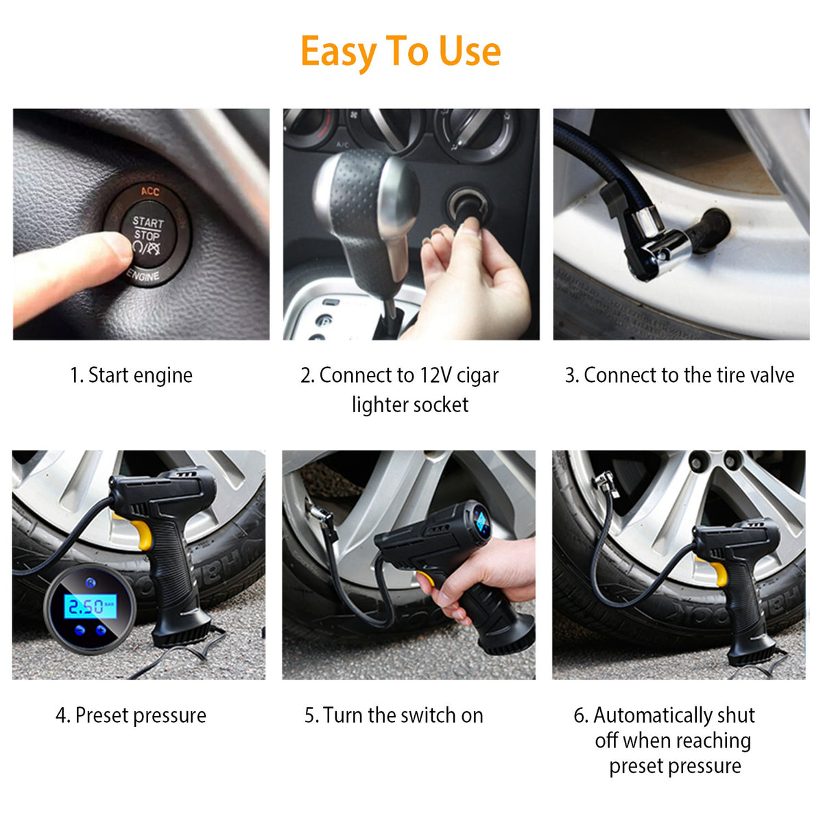 Step-by-step guide on how to use a car tire inflator with images and text.