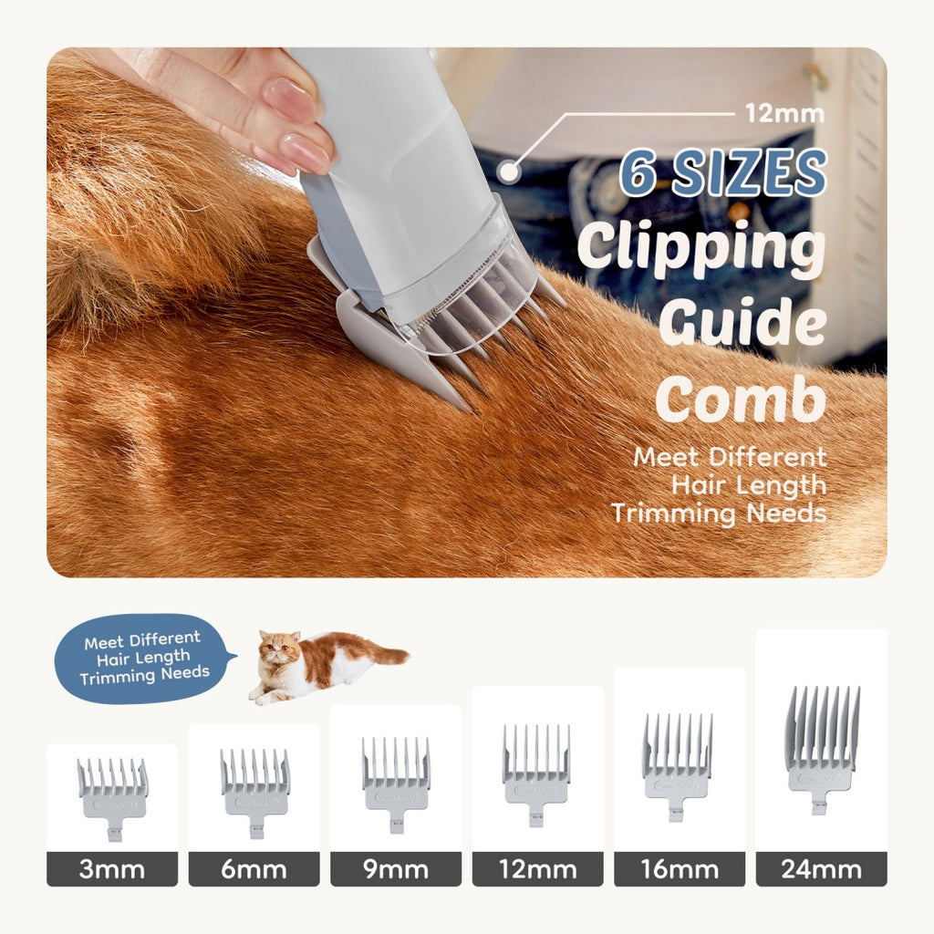 Cordless pet clipper with a guide comb trimming a dog's coat, with six guide combs from 3 mm to 24 mm