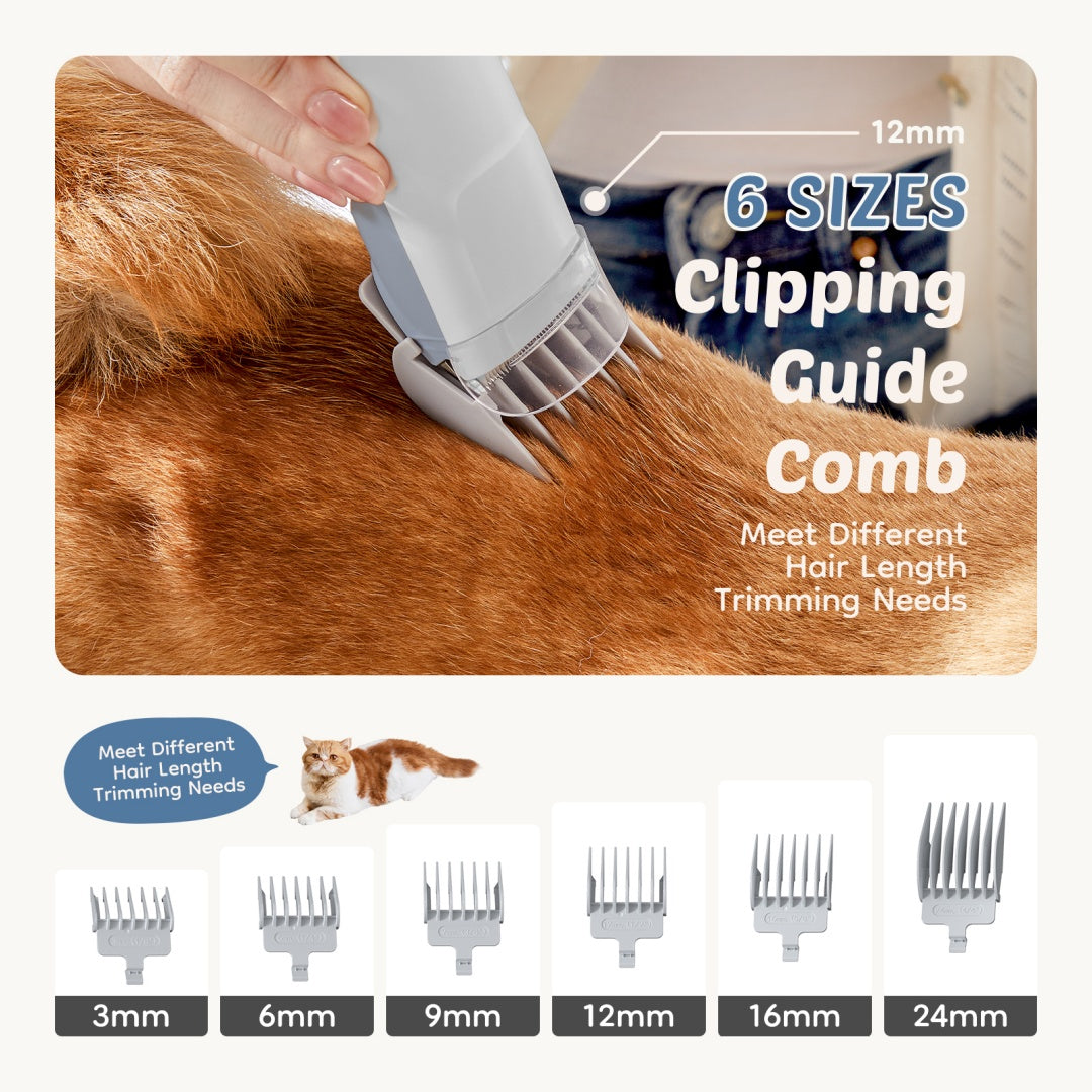 Cordless pet clipper with a guide comb trimming a dog's coat, with six guide combs from 3 mm to 24 mm