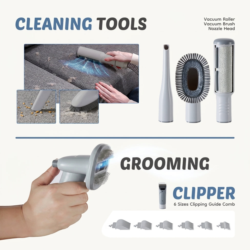 Roller, vacuum brush and nozzle attachments cleaning a sofa, with the grooming brush and cordless clipper