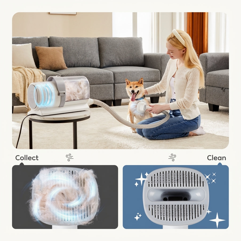Woman grooming a dog on the living room floor with the vacuum kit, with close-ups of the hair cup and brush