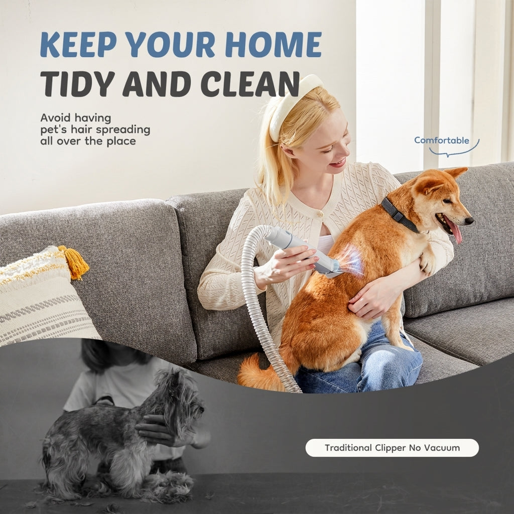 Woman brushing a dog on a sofa with the vacuum grooming attachment collecting loose hair