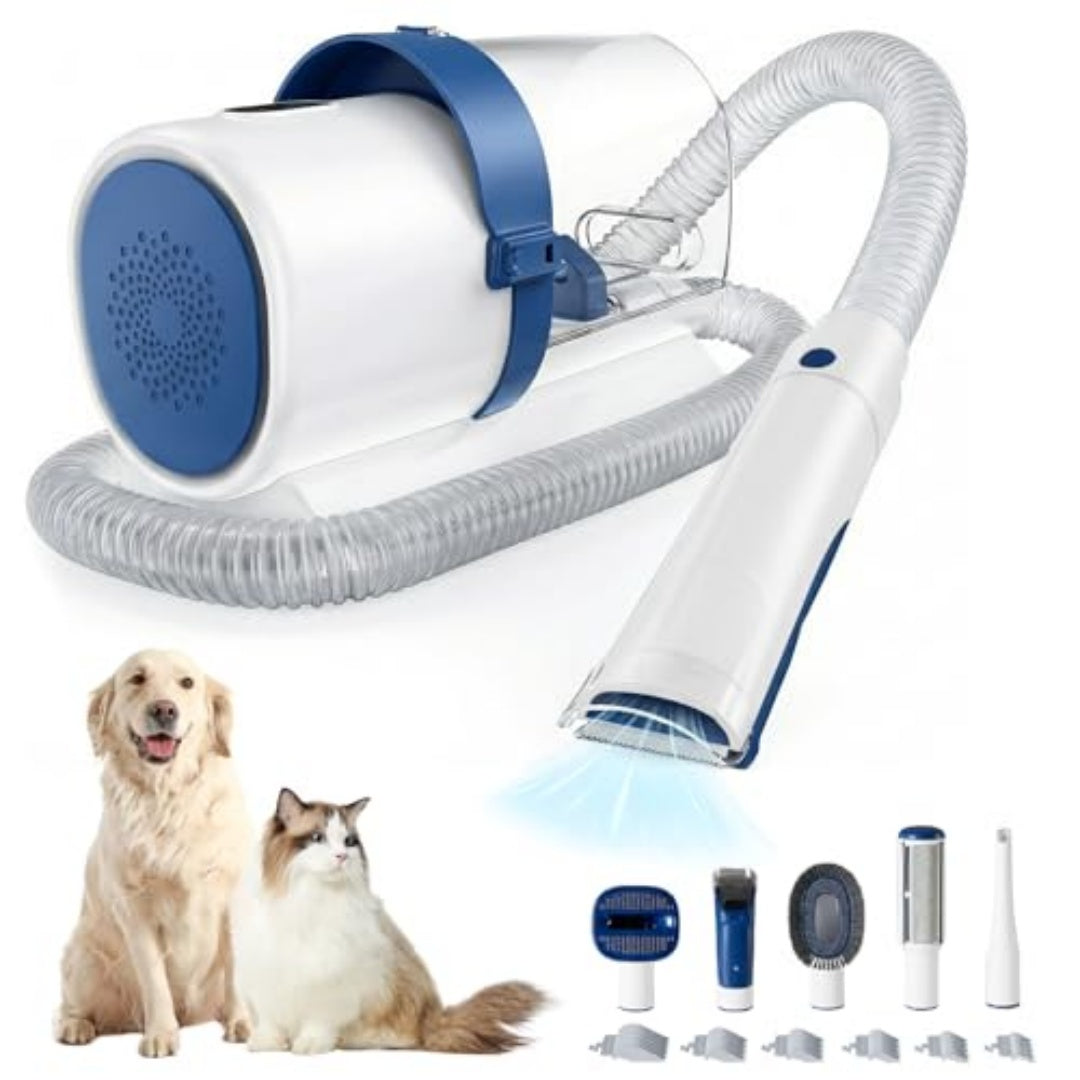 White and blue dog grooming vacuum with hose and attachments, shown with a dog and a cat