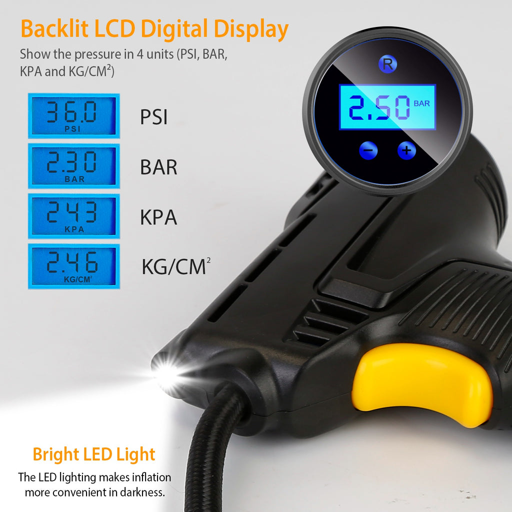 Car tire inflator with digital display and LED light on a white background
