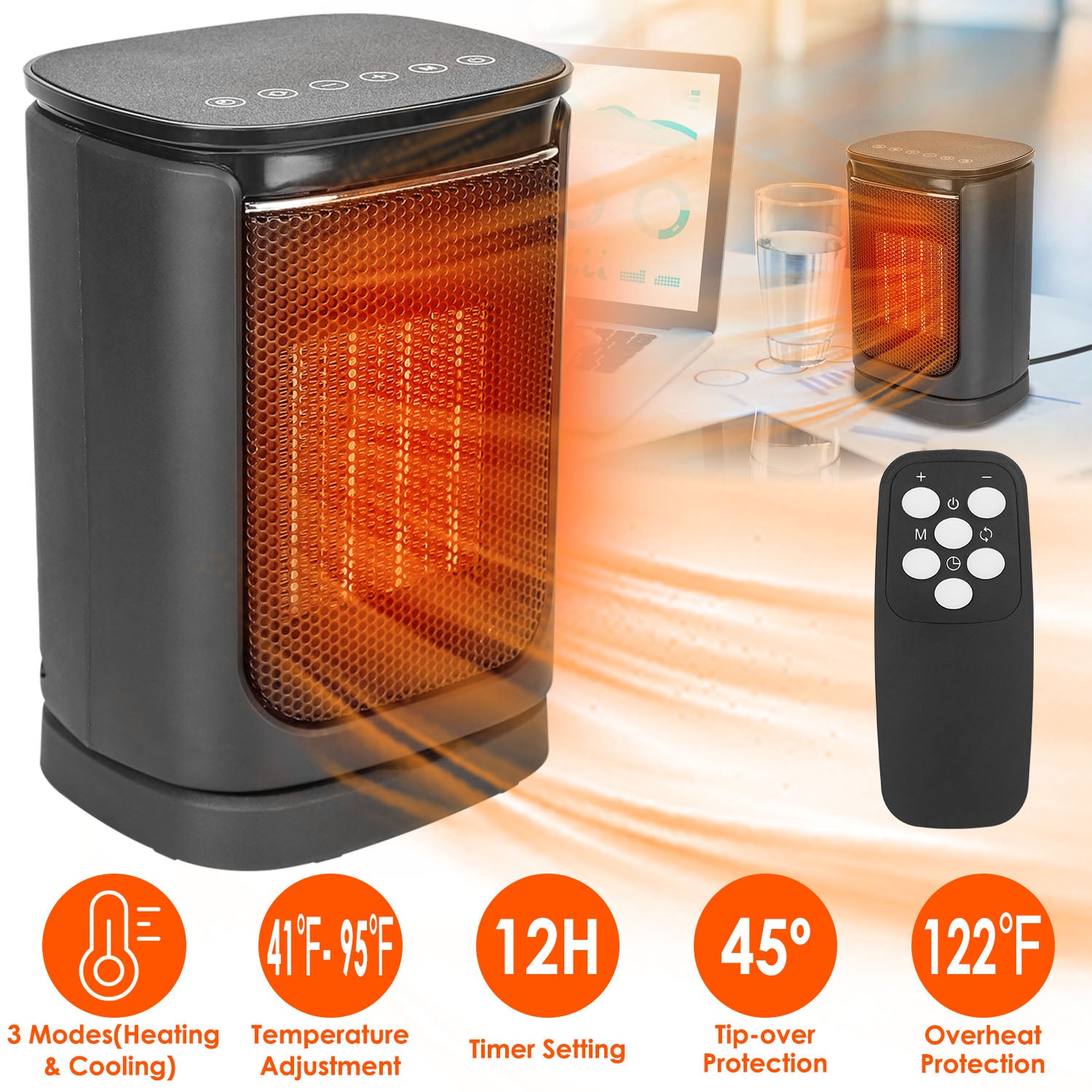 1500W Ceramic Electric Space Heater with Fan & Safety Tip-Off
