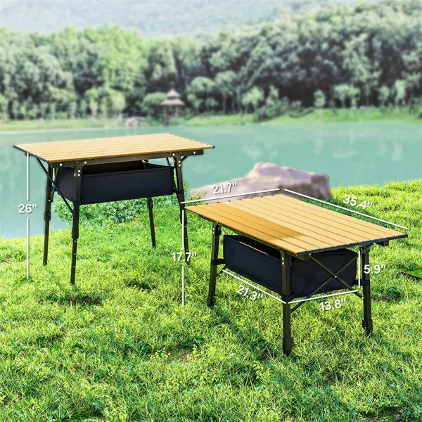 Two folding camping tables by a lake showing low and high height and table dimensions