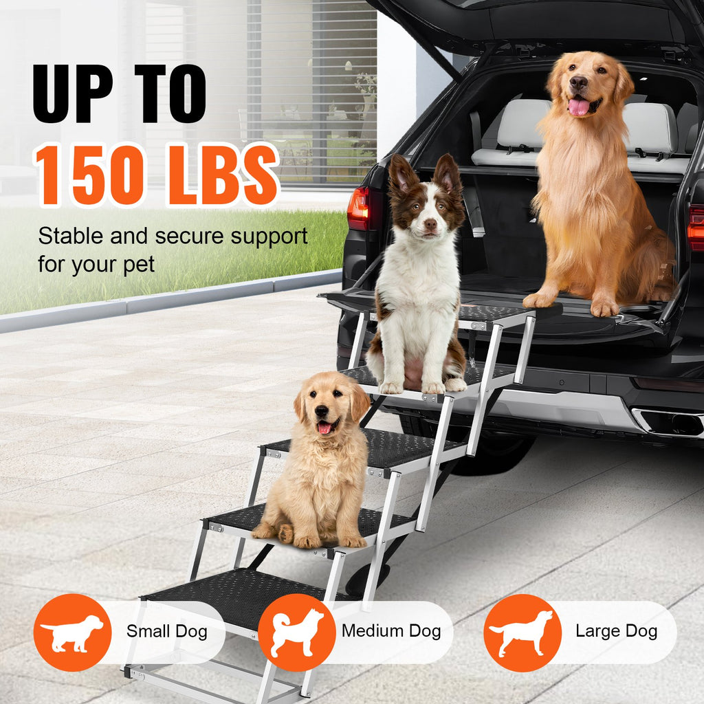 Three dogs of different sizes on folding dog stairs at a car trunk, supports up to 150 lbs