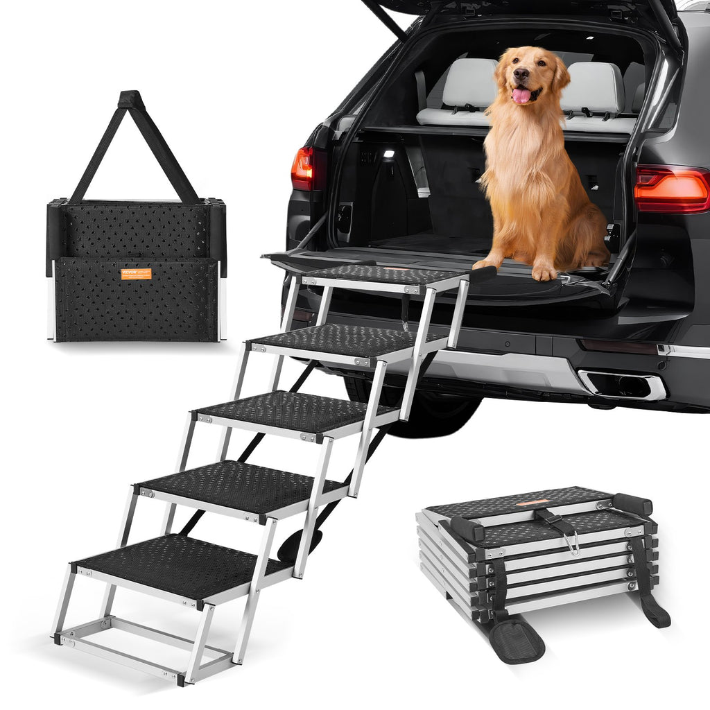 Folding 5-step dog stairs against an SUV trunk with a golden retriever, shown folded and in its carry bag