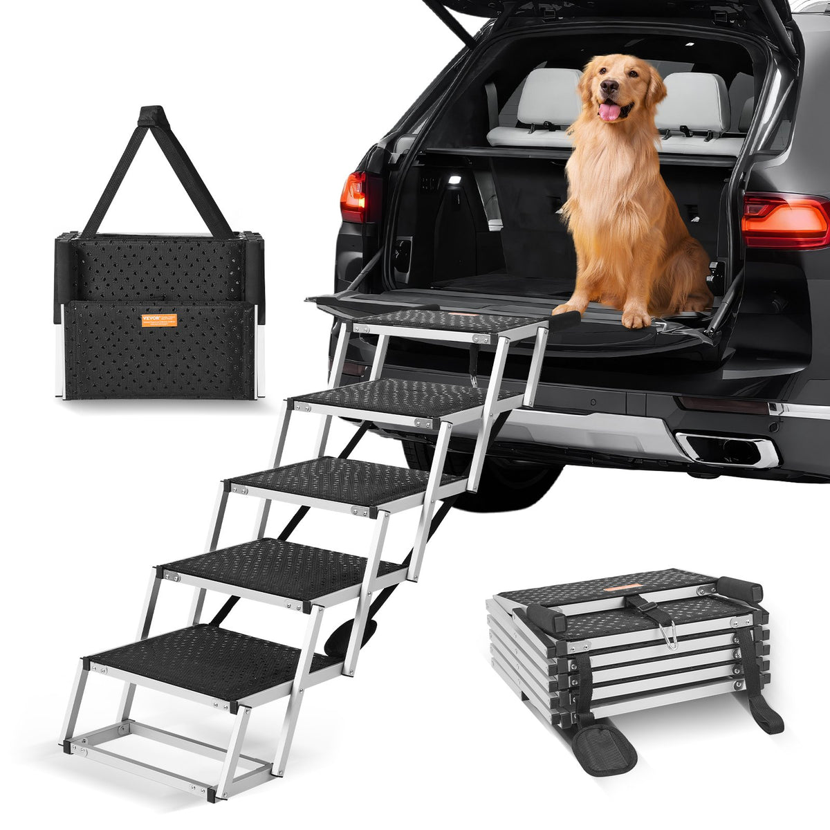 Folding 5-step dog stairs against an SUV trunk with a golden retriever, shown folded and in its carry bag