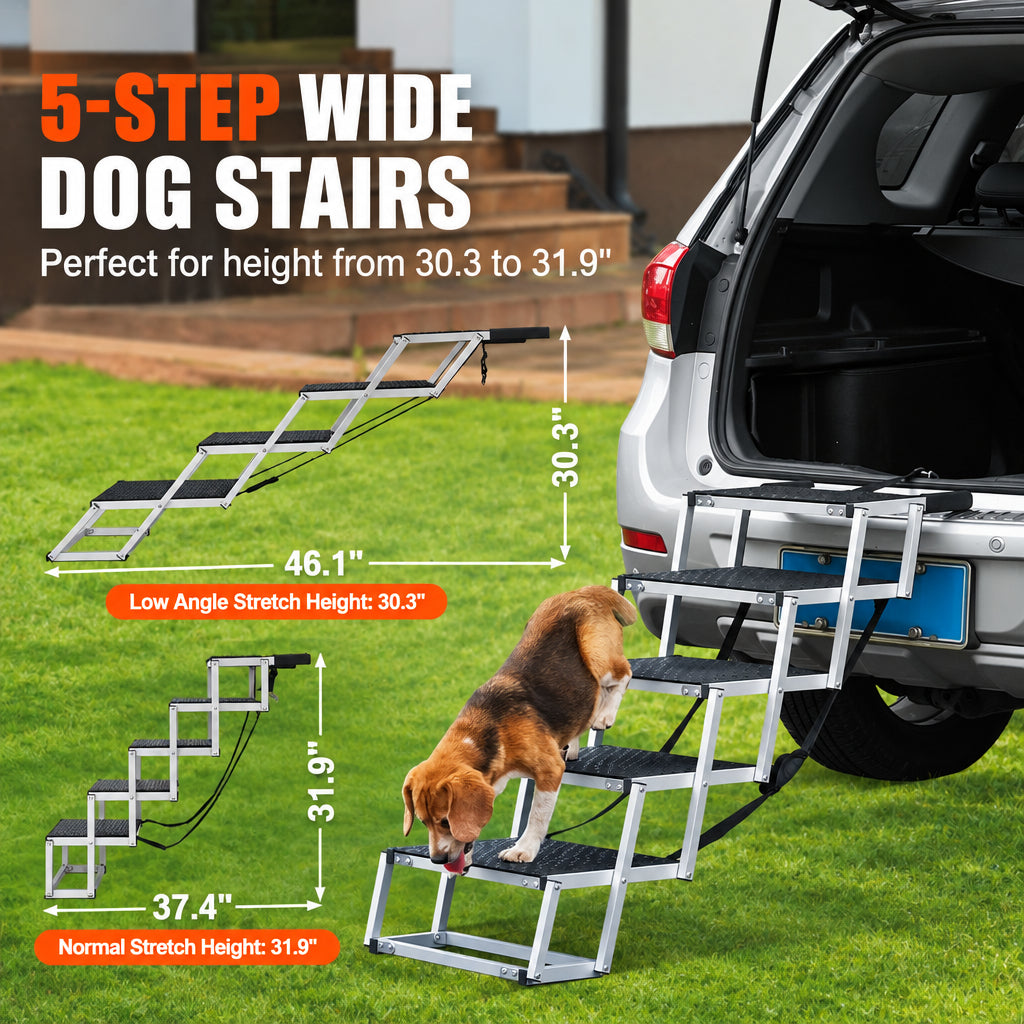 Beagle climbing 5-step wide dog stairs into an SUV, with heights of 30.3 and 31.9 inches and lengths of 46.1 and 37.4 inches