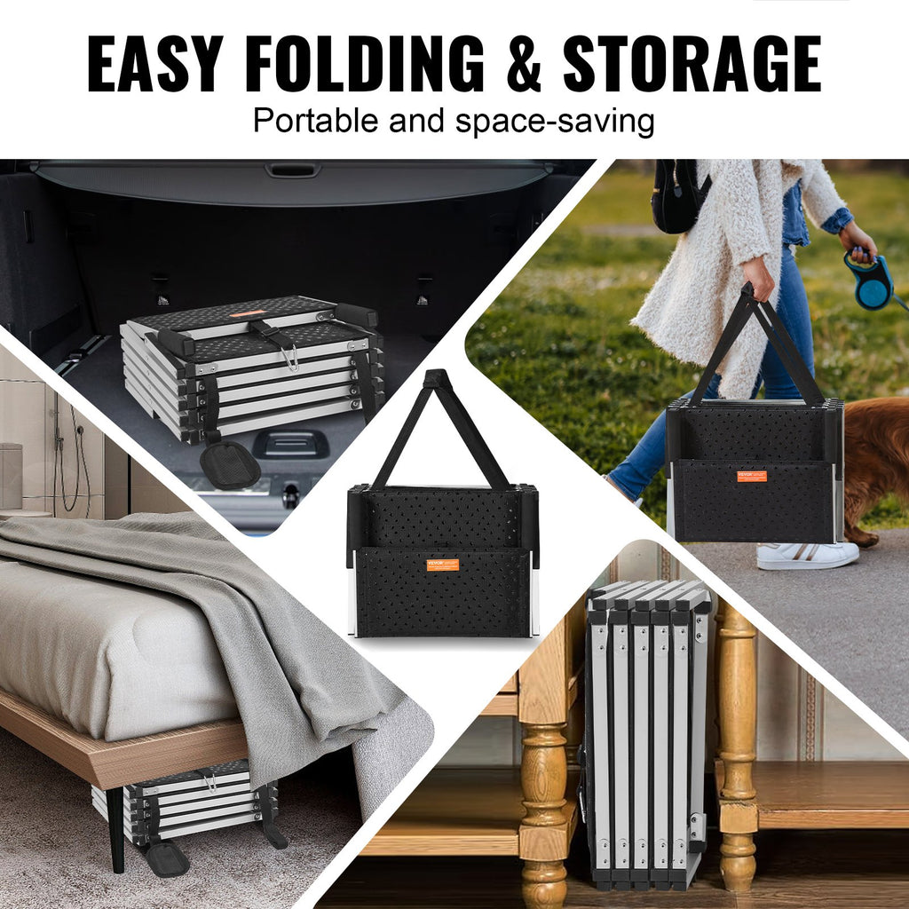 Folded dog stairs stored in a car trunk, under a bed and carried in its bag
