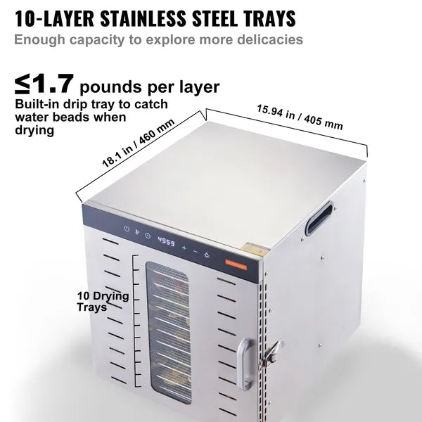 Food Dehydrator Machine, 10 Stainless Steel Trays, 1000W