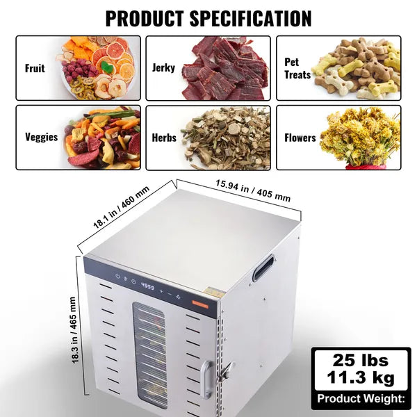 Food Dehydrator Machine, 10 Stainless Steel Trays, 1000W