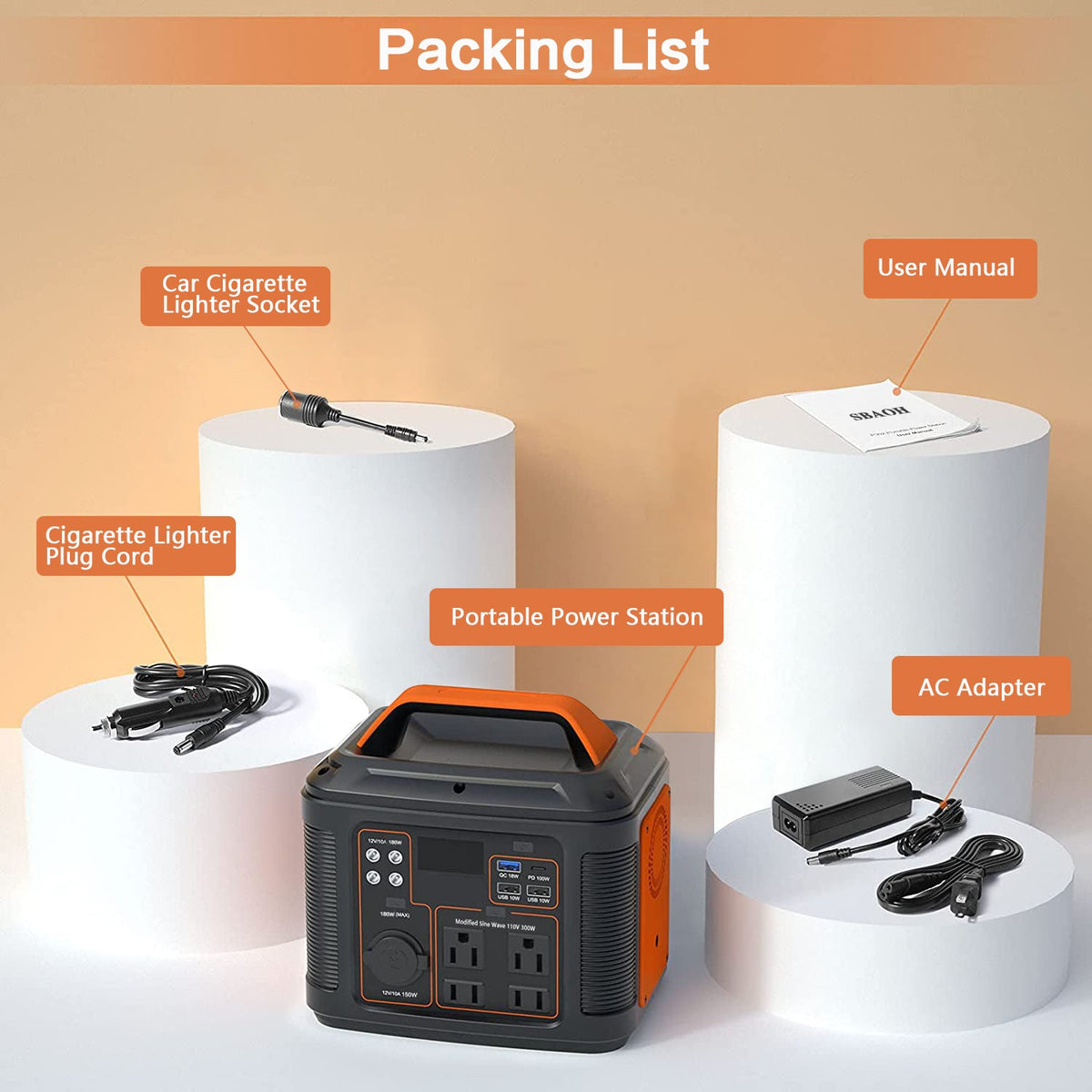 package contents: a portable power station, AC adapter with power cord, car cigarette-lighter charging cable, cigarette-lighter socket adapter, and user manual.