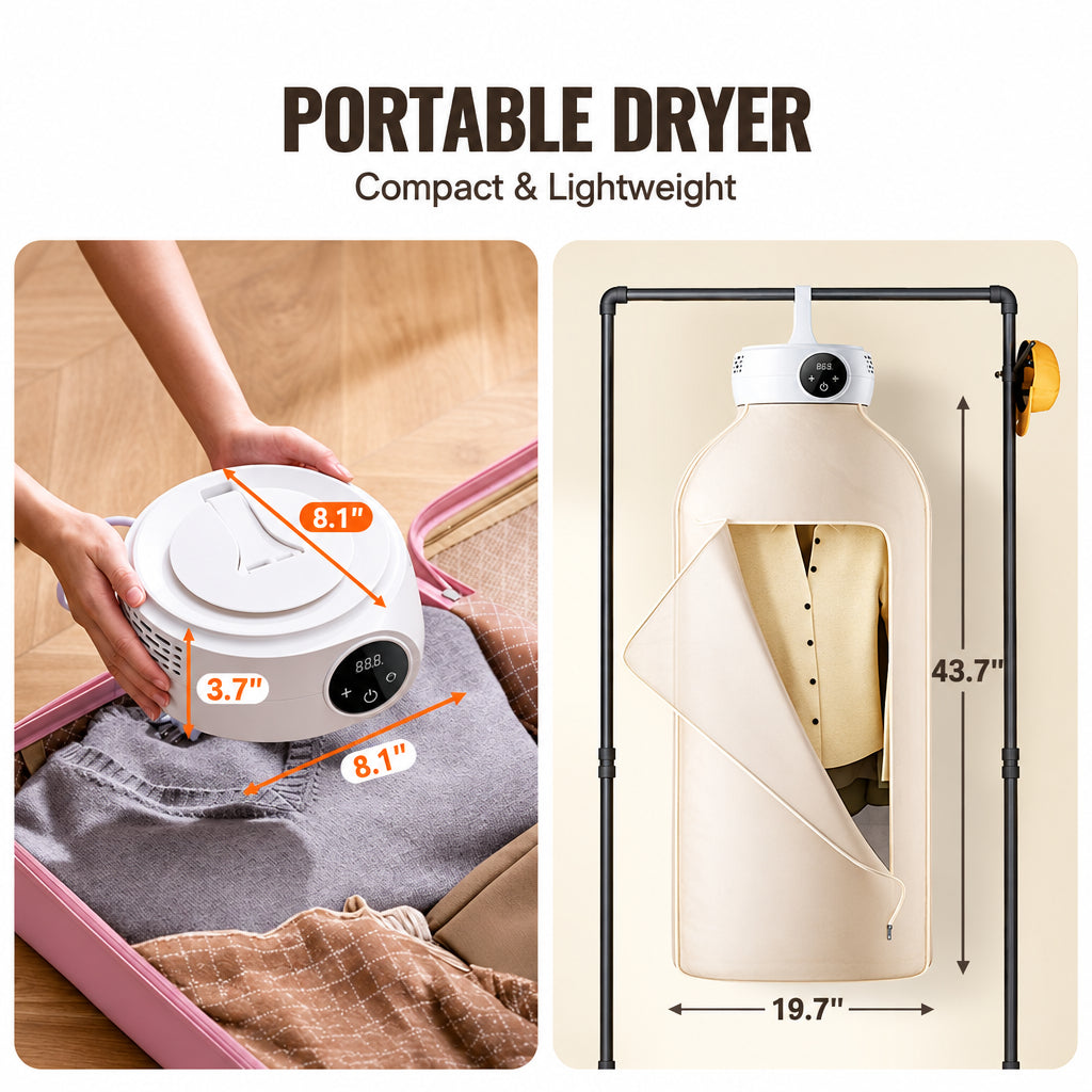 Compact portable dryer unit measuring 8.1 x 8.1 x 3.7 inches, and the fabric cover measuring 19.7 by 43.7 inches