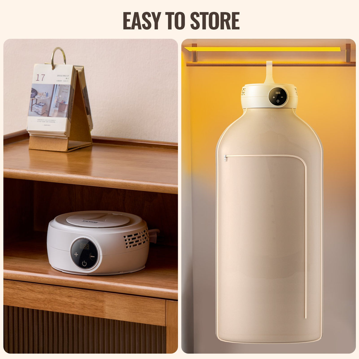 Portable dryer unit stored on a shelf and the dryer in use inside a closet