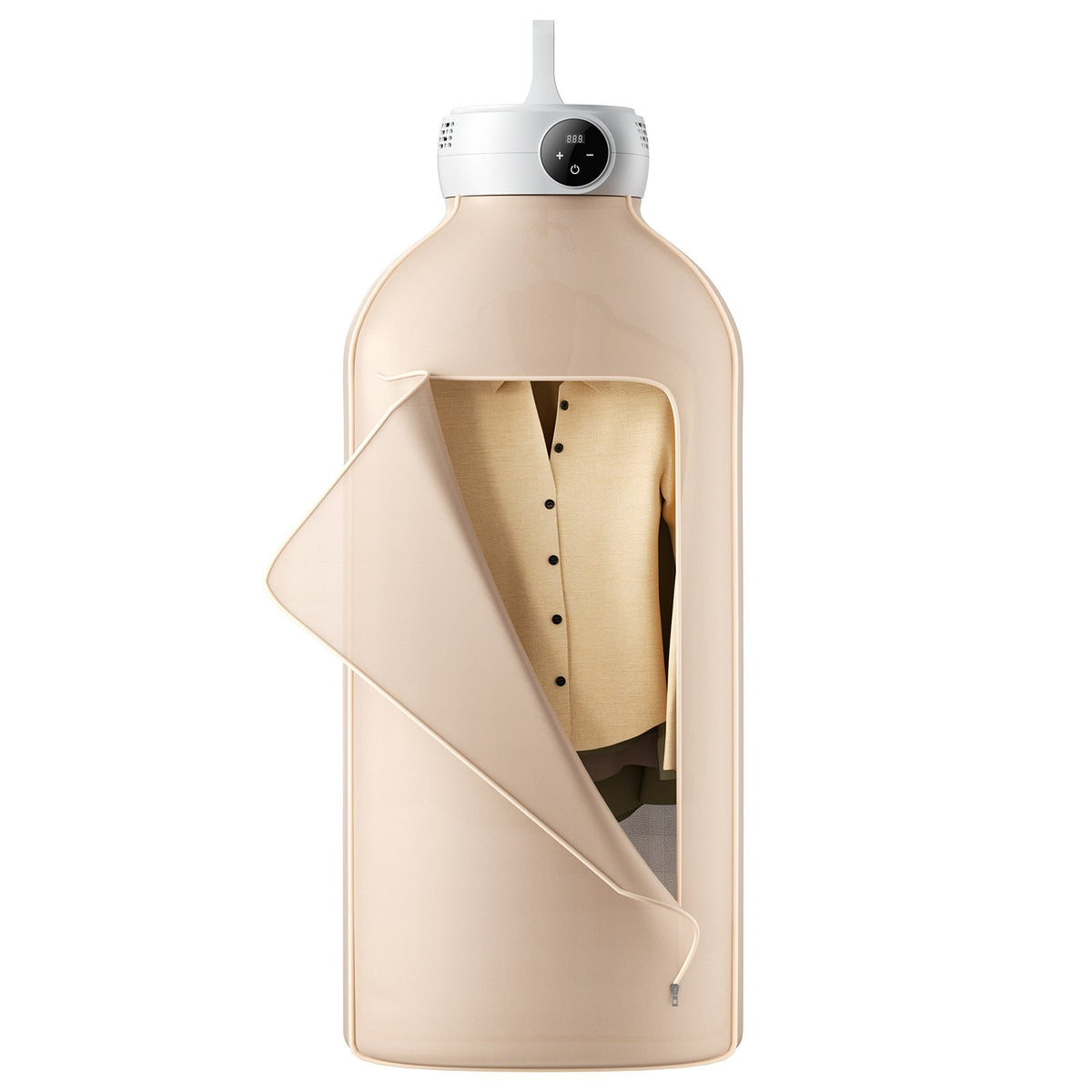 Portable clothes dryer with the fabric cover partly open showing a shirt inside