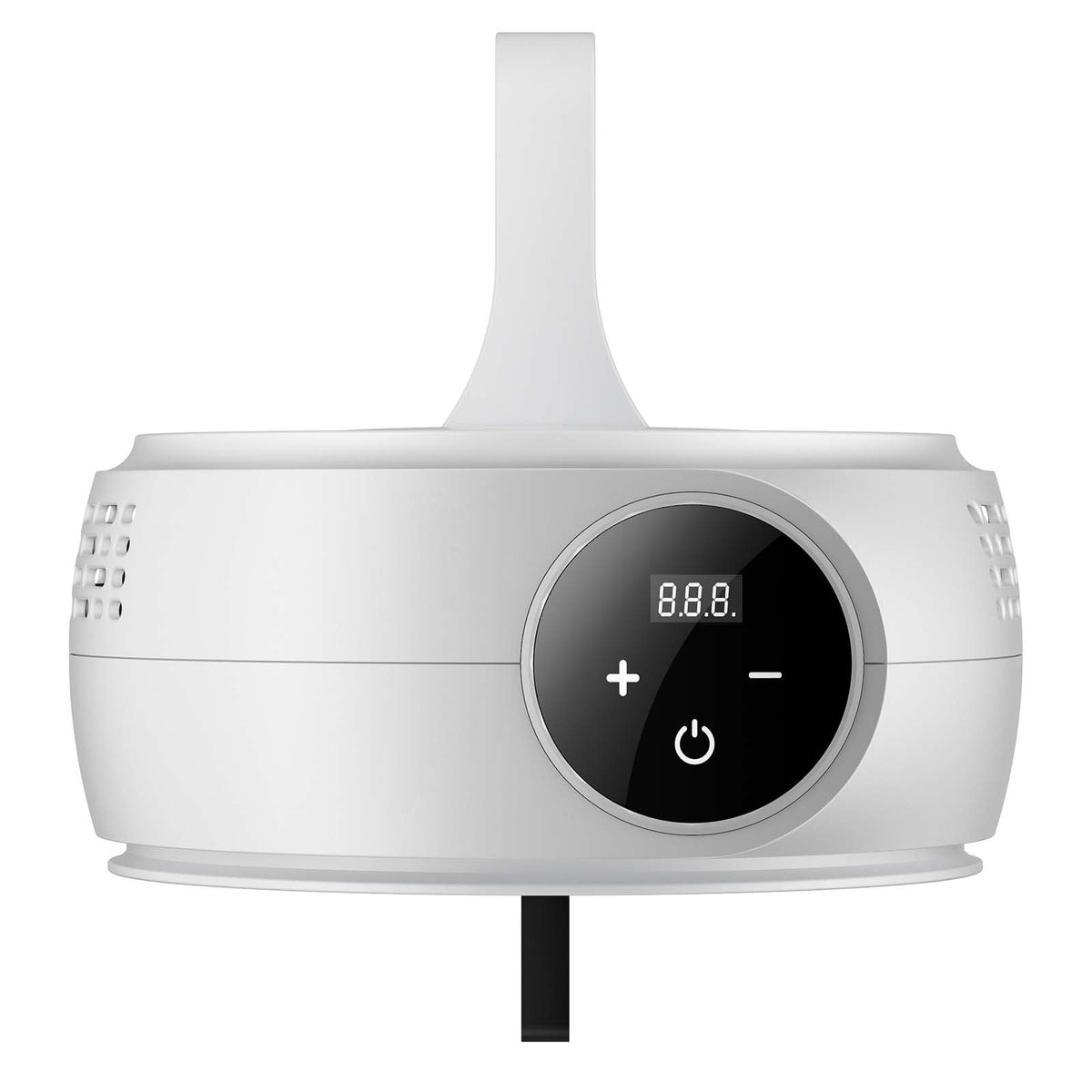 White portable dryer main unit with touchscreen controls and hanging hook