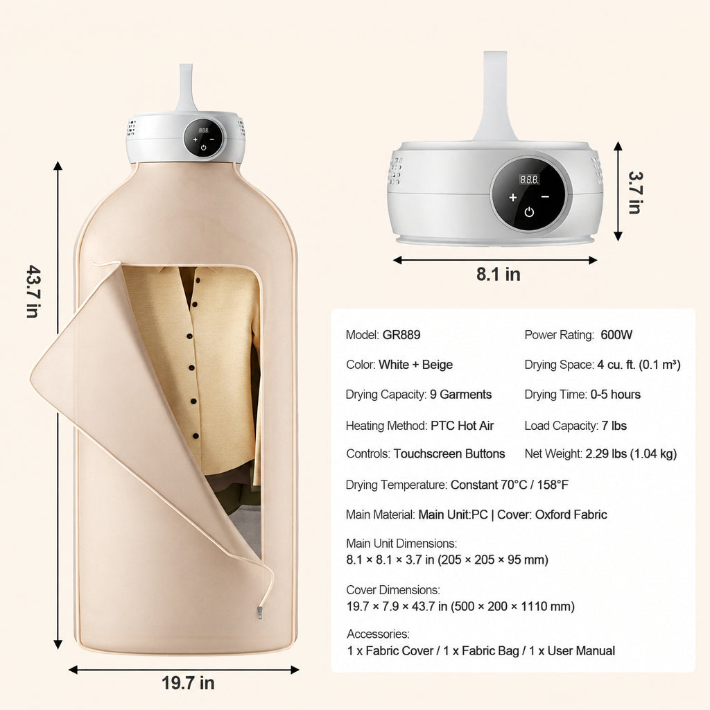 Portable clothes dryer dimensions and specifications: 600W, 9 garments, 7 lbs load, 4 cu. ft. drying space, 158°F