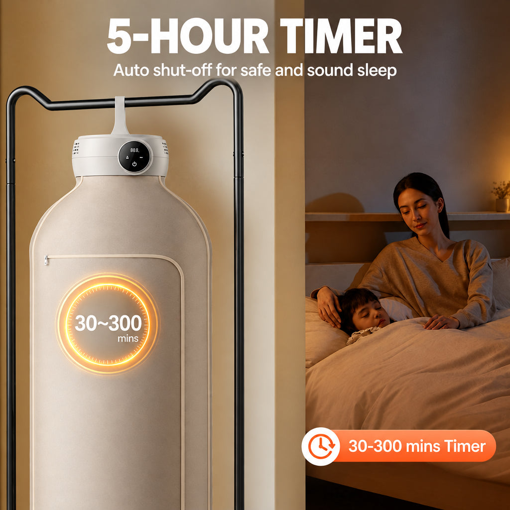 Portable clothes dryer with a 30 to 300 minute timer next to a bedroom