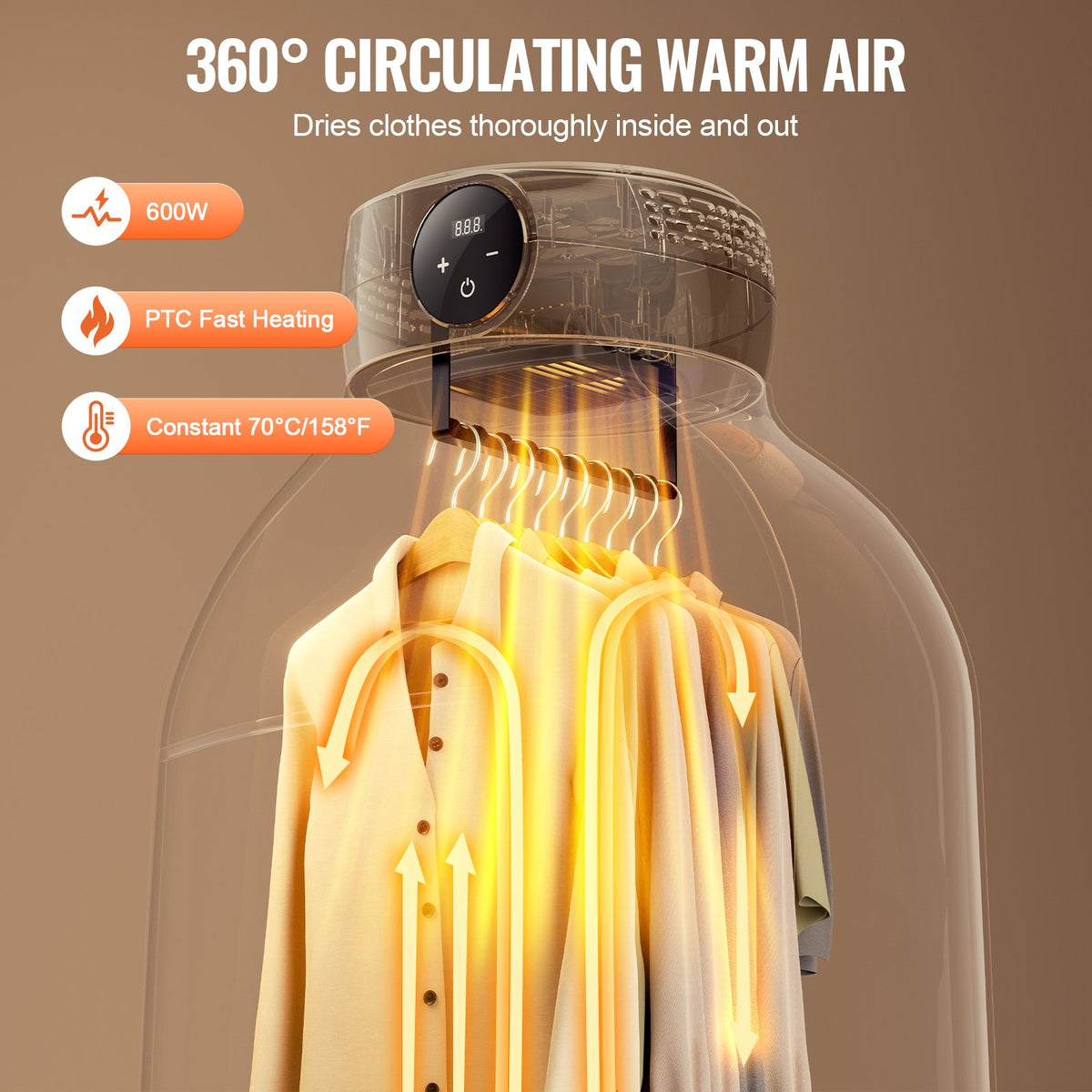 Warm air circulating around shirts inside the dryer cover, with 600W PTC heating at a constant 158°F