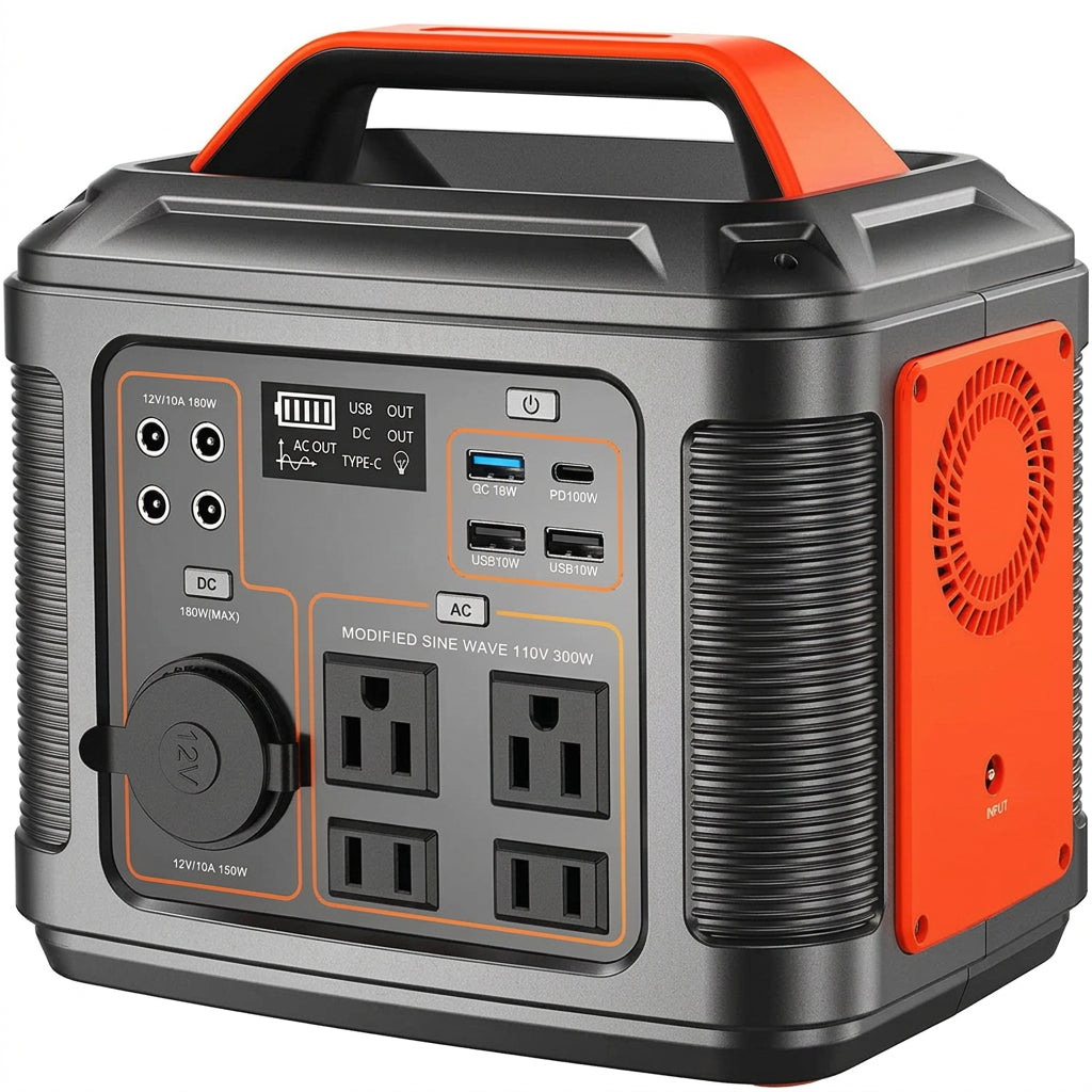 portable power station with a carrying handle, AC outlets, USB and USB-C charging ports, and 12V DC connections, housed in a black-and-orange case.