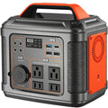 portable power station with a carrying handle, AC outlets, USB and USB-C charging ports, and 12V DC connections, housed in a black-and-orange case.