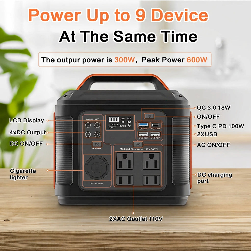 A 300W portable power station advertised to power up to nine devices simultaneously, with 600W peak power, an LCD display, AC outlets, USB/USB-C ports, and 12V DC connections.