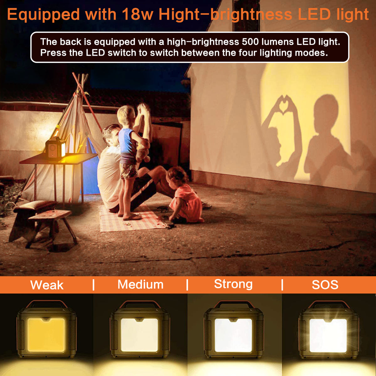 power station’s built-in 18W LED light, 500 lumens, with four selectable modes: low, medium, high, and SOS.