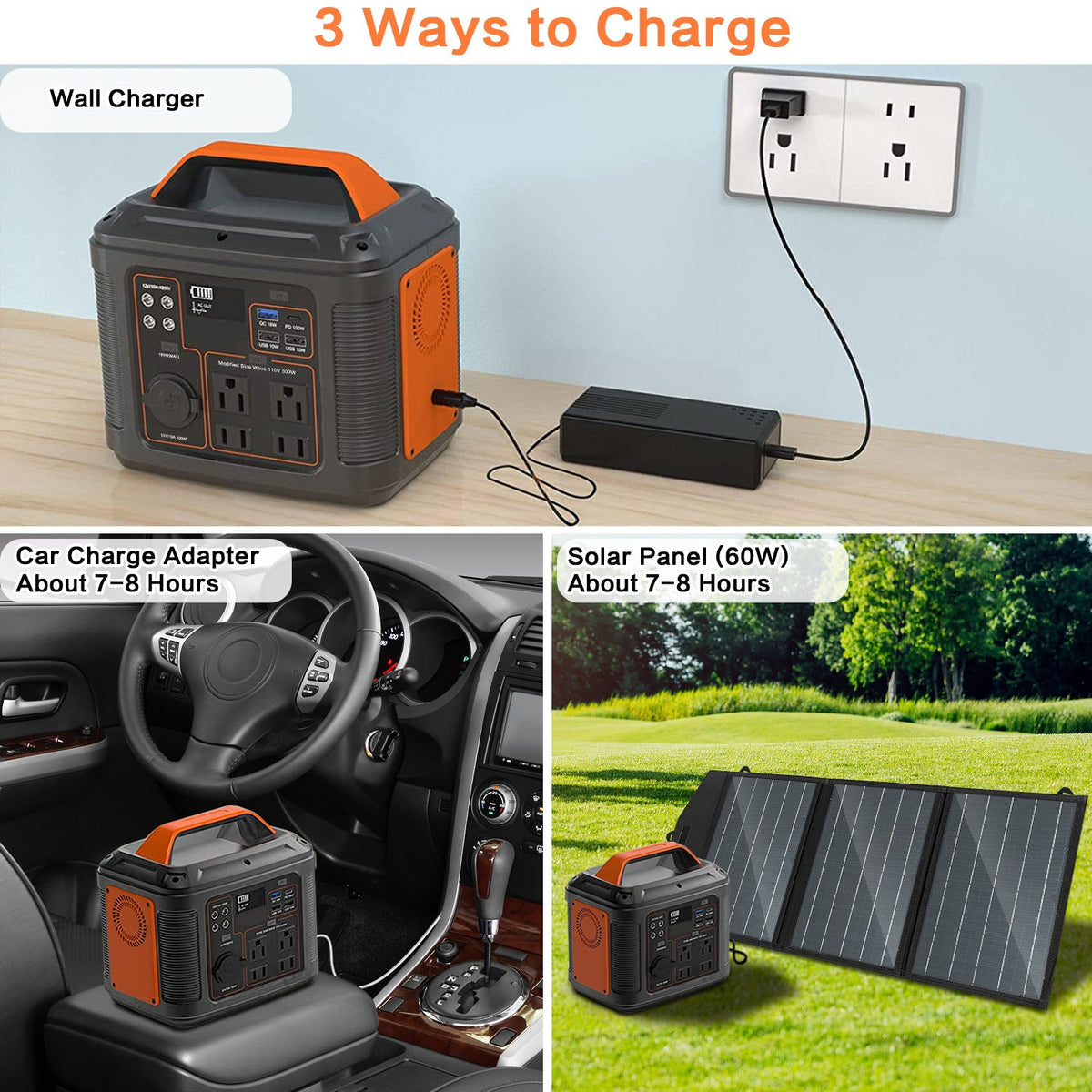 three ways to recharge the portable power station: a wall charger, a car charging adapter, or a 60W solar panel. Approximately 7–8 hours for car and solar charging