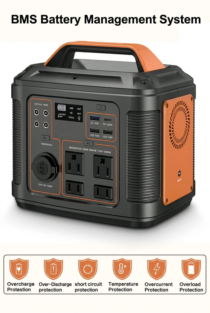 portable power station highlighting its Battery Management System (BMS), specifying to protect against overcharging, over-discharging, short circuits, temperature issues, overcurrent, and overload
