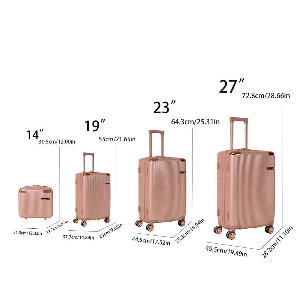Rose gold luggage set sizes: 14 inch vanity case and 19, 23 and 27 inch suitcases with dimensions