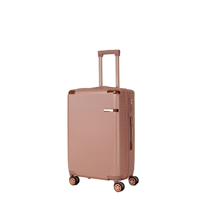 Rose gold hard shell spinner suitcase seen from the front on a white background