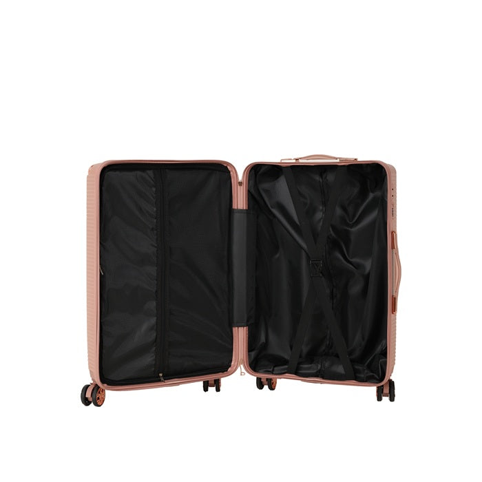 Open rose gold suitcase showing the black lined interior and zip divider