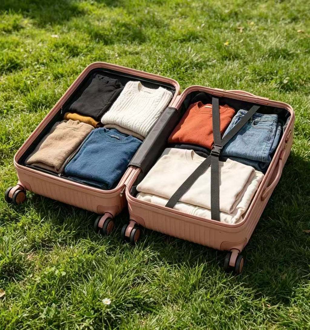 Open rose gold hard shell suitcase on grass packed with folded clothes and cross straps
