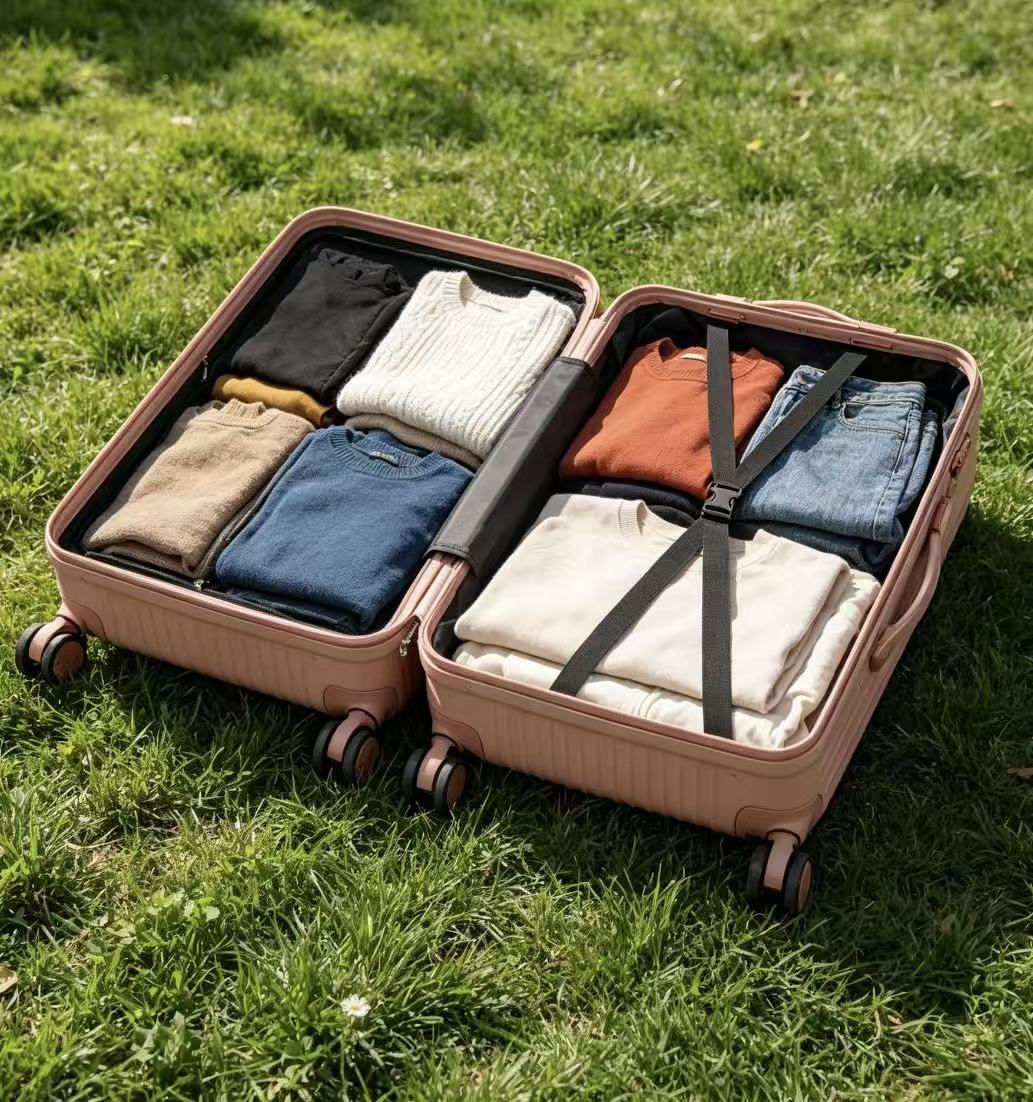 Open rose gold hard shell suitcase on grass packed with folded clothes and cross straps
