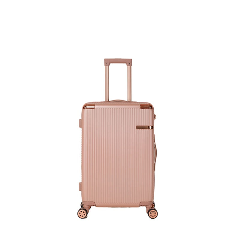 Rose gold spinner suitcase with its telescoping handle extended